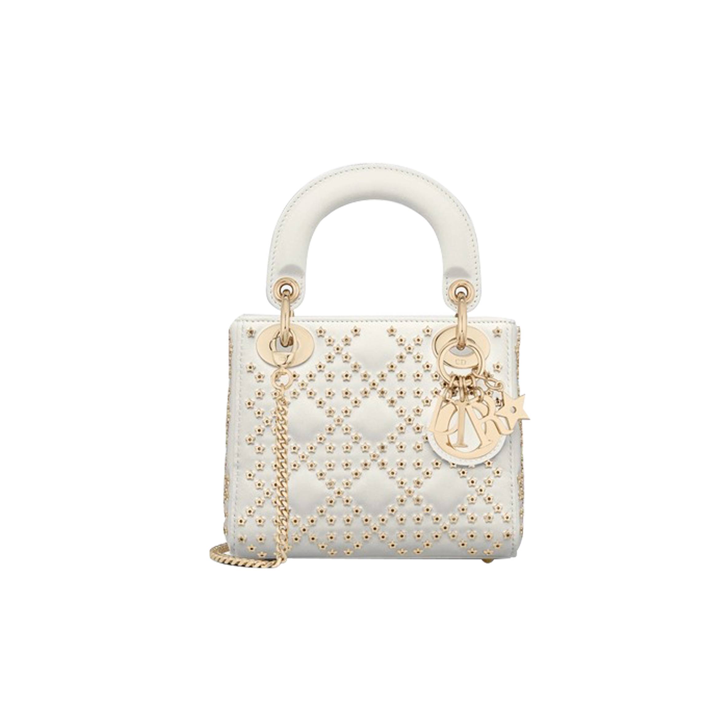 D*or lambskin cannage lucky star studded mini lady D*or white (17*14*8cm)